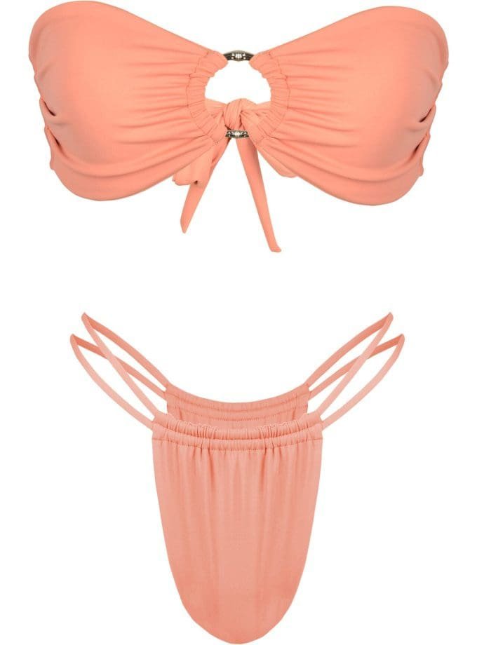 Two Piece Bandeau Bikini Set with connecting ring detail between the cups and Brazilian strappy style bikini bottoms