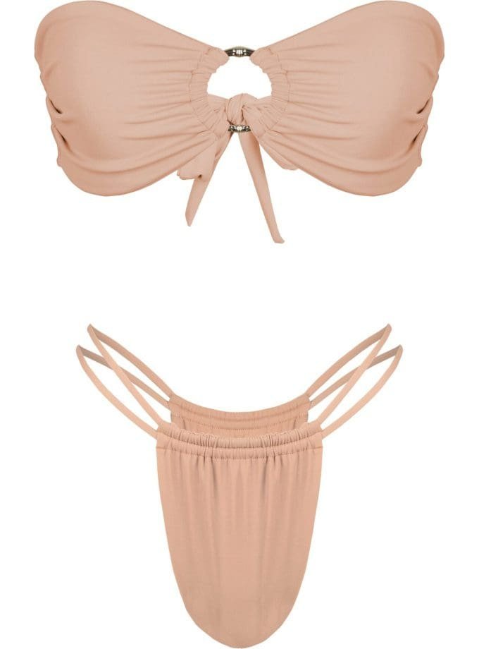 Nude color two piece bikini with bandeau bikini top and brazilin style bikini bottoms
