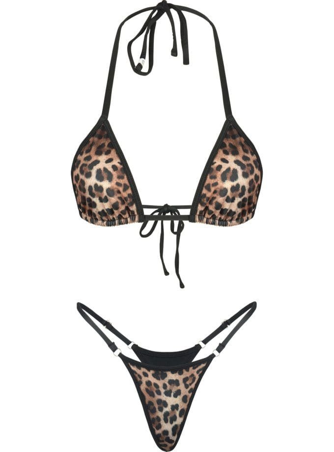 Front of two-piece leopard print micro bikini