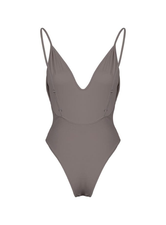 Freydis One Piece – Seamless Deep V Swimsuit in Taupe