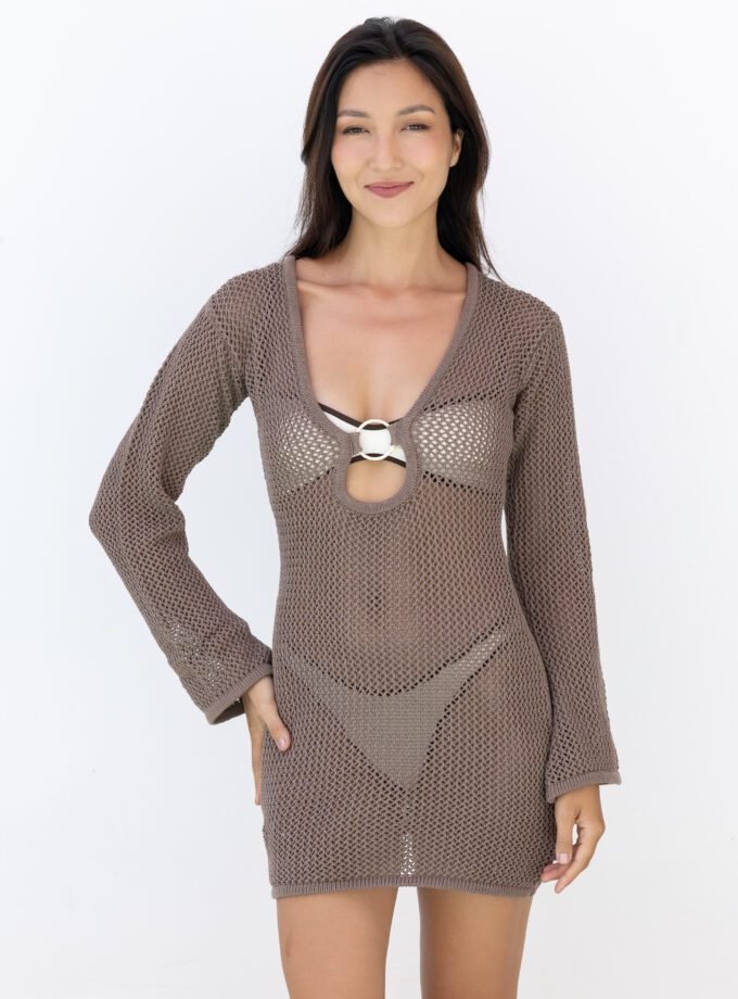 Seashell Cocoa Cover-Up Dress – 100% Cotton Knit Resortwear