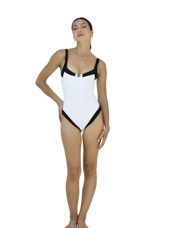 Alba One Piece – White Black Sculpting Swimsuit by Cinnamon Swim