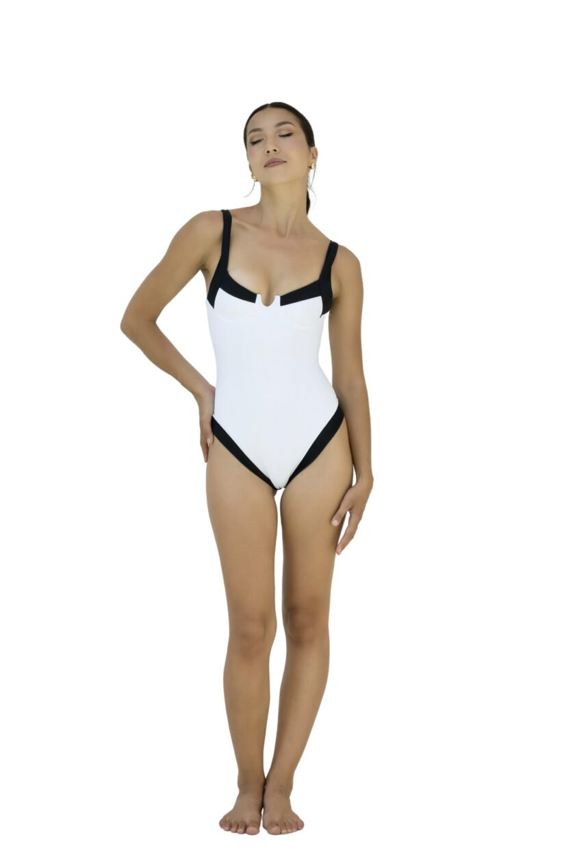 Alba One Piece – White Black Sculpting Swimsuit by Cinnamon Swim