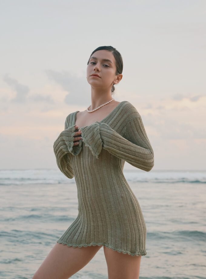 Alor Crochet Beachwear - Olive Shimmer Knit Mini Dress