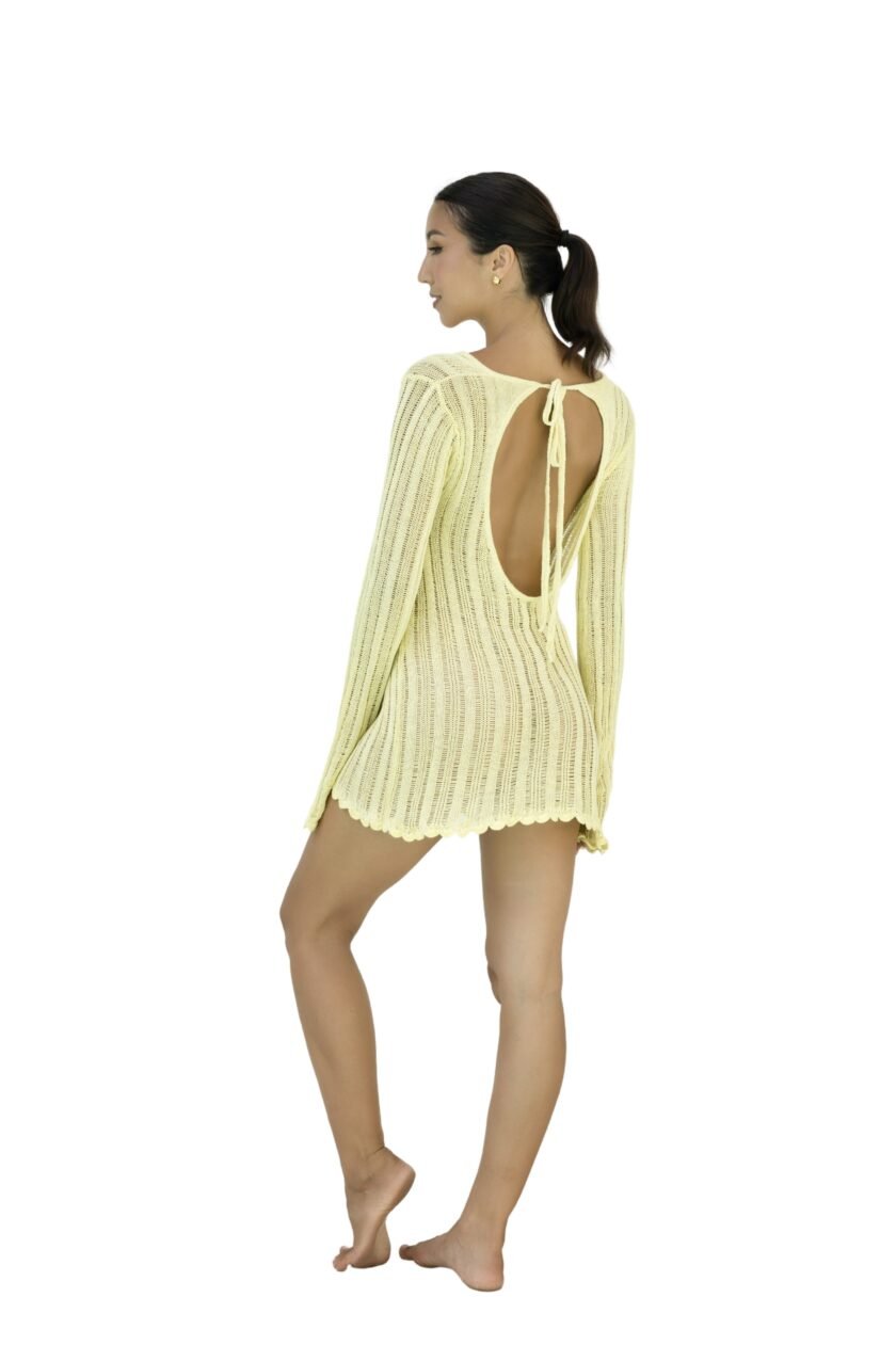 Alor Crochet Beachwear - Butter Yellow Shimmer Knit Mini Dress - Image 2
