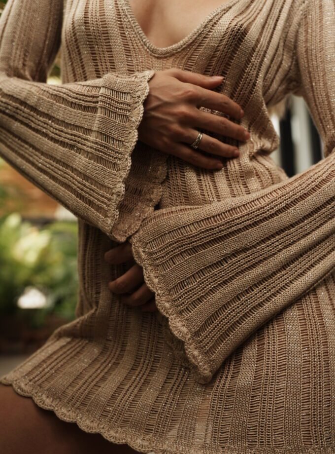 Alor Crochet Beachwear - Beige Shimmer Knit Mini Dress